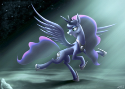 Size: 2400x1698 | Tagged: safe, artist:edd-xsagi, princess luna, alicorn, pony, g4, female, moon, solo, spread wings, wings