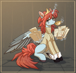 Size: 1615x1552 | Tagged: safe, artist:koviry, oc, oc only, alicorn, pony, alicorn oc, boots, clothes, colored hooves, colored wings, colored wingtips, crown, cup, curved horn, document, female, horn, jewelry, looking at you, magic, mare, missing cutie mark, regalia, shoes, sipping, sitting, solo, spread wings, sweater, teacup, telekinesis, two toned wings, wings