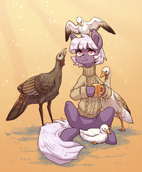 Size: 1538x1859 | Tagged: safe, artist:koviry, oc, oc only, bird, duck, goose, pony, seagull, animal, capercaillie, clothes, mug, orange background, simple background, solo, sweater