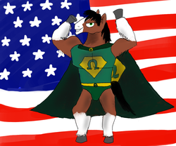 Size: 1200x1000 | Tagged: safe, artist:horsesplease, trouble shoes, clydesdale, anthro, g4, cape, clothes, male, murica, muscles, paint tool sai, smiling, smirk, solo, stallion, stronk, superhero, united states