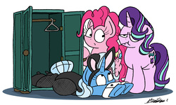 Size: 2056x1234 | Tagged: safe, artist:bobthedalek, pinkie pie, starlight glimmer, trixie, earth pony, pony, unicorn, g4, the maud couple, bunny suit, closet, clothes, cuffs (clothes), female, fishnet stockings, high heels, inconvenient trixie, mare, prone, scrunchy face, shoes, simple background, starlight glimmer is not amused, unamused, white background