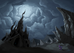 Size: 980x700 | Tagged: safe, artist:lollipony, starlight glimmer, changeling, pony, unicorn, g4, changeling hive, cloud, female, mare, saddle bag, scenery, spire