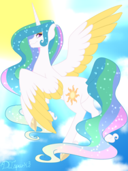 Size: 1440x1916 | Tagged: safe, artist:djspark3, princess celestia, alicorn, pony, g4, colored wings, colored wingtips, female, flying, looking at you, looking back, mare, missing accessory, smiling, solo