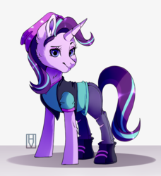 Size: 819x898 | Tagged: safe, artist:hikariviny, starlight glimmer, pony, unicorn, g4, beanie, boots, clothes, equestria girls outfit, female, hat, looking at you, mare, pants, shirt, shoes, simple background, smiling, solo, vest