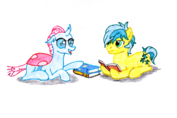 Size: 1200x800 | Tagged: safe, artist:jezendar, ocellus, sandbar, changedling, changeling, pony, g4, school daze, book, female, interspecies, male, prone, ship:ocelbar, shipping, straight