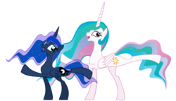 Size: 2500x1428 | Tagged: dead source, safe, artist:2snacks, artist:stealthedge, edit, editor:slayerbvc, vector edit, princess celestia, princess luna, alicorn, pony, g4, accessory-less edit, bare hooves, dancing, female, mare, missing accessory, open mouth, raised hoof, raised leg, royal sisters, simple background, smiling, transparent background, vector