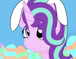 Size: 3307x2598 | Tagged: safe, artist:jubyskylines, starlight glimmer, pony, unicorn, g4, :3, bunny ears, chest fluff, cute, easter, easter egg, female, glimmerbetes, high res, holiday, mare, solo