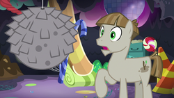 Size: 1280x720 | Tagged: safe, screencap, mudbriar, earth pony, pony, g4, the maud couple, horrified, male, open mouth, party cave, piñata, raised hoof, rock abuse, shocked, solo, stallion, stick abuse