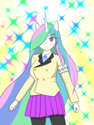 Size: 1500x2000 | Tagged: safe, artist:rdash2116108, princess celestia, human, anthro, g4, anime, clothes, eared humanization, female, hair over one eye, horn, horned humanization, humanized, looking at you, school uniform, solo