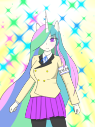 Size: 1500x2000 | Tagged: safe, artist:rdash2116108, princess celestia, human, g4, anime, clothes, eared humanization, female, hair over one eye, horn, horned humanization, humanized, looking at you, school uniform, solo