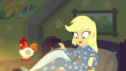 Size: 1280x720 | Tagged: safe, screencap, applejack, bird, equestria girls, five to nine, g4, my little pony equestria girls: better together, applejack's bedroom, clock, clothes, female, happy, onesie, pajamas, rooster, smiling, solo