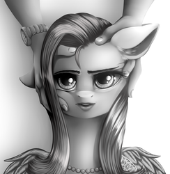 Size: 3156x3240 | Tagged: safe, artist:dankflank, fluttershy, human, pegasus, pony, g4, black and white, explicit source, grayscale, hand, hand on head, high res, hotline miami, jewelry, looking at you, monochrome, necklace, parody, sexy, wings
