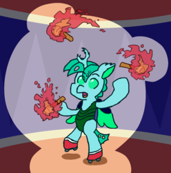 Size: 1226x1234 | Tagged: safe, artist:threetwotwo32232, oc, oc only, oc:speculo, changeling, changeling oc, juggling, roller skates, solo, torch