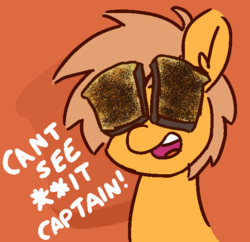 Size: 576x557 | Tagged: safe, artist:threetwotwo32232, oc, oc only, oc:meadow stargazer, earth pony, pony, bread, can't see shit, can't see shit captain, censored, censored vulgarity, dialogue, female, food, i can't see shit, mare, solo, swearing, toast