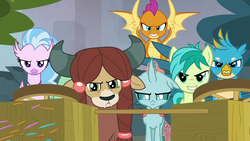 Size: 1280x720 | Tagged: safe, screencap, gallus, ocellus, sandbar, silverstream, smolder, yona, changedling, changeling, dragon, griffon, hippogriff, pony, yak, g4, school daze, season 8, female, game face, its about to go down, male, stallion, student six, this will end in pain, this will end in tears, you picked the wrong house fool!, you reposted in the wrong neighborhood