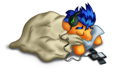 Size: 3434x2022 | Tagged: safe, artist:nightpaint12, flash sentry, pegasus, pony, g4, blanket, eyes closed, headphones, high res, male, mp3 player, pillow, simple background, sleeping, solo, transparent background