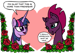 Size: 1199x837 | Tagged: safe, artist:gingerfoxy, fizzlepop berrytwist, tempest shadow, twilight sparkle, pony, unicorn, pony couple generator, g4, my little pony: the movie, female, flower, heart, lesbian, rose, ship:tempestlight, shipping