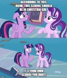 Size: 500x581 | Tagged: safe, edit, edited screencap, screencap, starlight glimmer, twilight sparkle, alicorn, pony, g4, school daze, book, book abuse, eea rulebook, meme, starlight savage, throwing, twilight sparkle (alicorn)