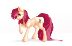 Size: 1539x992 | Tagged: safe, artist:meow_misha, roseluck, earth pony, pony, g4, chest fluff, collar, commissioner:doom9454, cute, digital art, ear fluff, female, fluffy, hoof fluff, leg fluff, looking at you, mare, pet tag, pony pet, profile, raised hoof, rosepet, simple background, smiling, solo, standing, unshorn fetlocks, white background