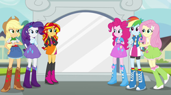 Size: 1280x714 | Tagged: safe, screencap, applejack, fluttershy, pinkie pie, rainbow dash, rarity, sunset shimmer, equestria girls, g4, my little pony equestria girls: rainbow rocks, female, humane five, smiling