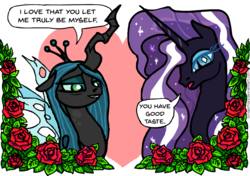 Size: 889x627 | Tagged: safe, artist:gingerfoxy, nightmare rarity, queen chrysalis, changeling, changeling queen, pony, unicorn, pony couple generator, g4, female, flower, heart, leaf, lesbian, nightmare rarilis, rose, shipping
