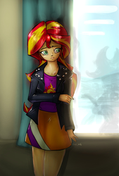 Size: 1377x2039 | Tagged: safe, artist:oberon826, sunset shimmer, equestria girls, g4, beautiful, clothes, crossed arms, female, jacket, leather jacket, legs together, looking at you, skirt, solo, sunset shimmer's skirt