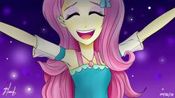 Size: 1280x715 | Tagged: safe, artist:markvoid21, fluttershy, equestria girls, g4, my little pony equestria girls: better together, so much more to me, armpits, clothes, dress, eyes closed, female, geode of fauna, open mouth, scene interpretation, signature, singing, solo