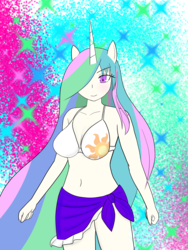 Size: 1500x2000 | Tagged: safe, artist:rdash2116108, princess celestia, anthro, g4, belly button, bikini, breasts, clothes, cutie mark, female, hair over one eye, human facial structure, pareo, solo, swimsuit