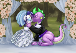 Size: 1200x846 | Tagged: safe, artist:pia-sama, rarity, spike, dragon, pony, unicorn, g4, bride, clothes, dress, eyes closed, female, groom, horn, horn ring, kiss on the lips, kissing, male, mare, marriage, older, older spike, ring, ship:sparity, shipping, straight, wedding, wedding dress, wedding ring