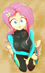 Size: 848x1366 | Tagged: safe, artist:noupu, fluttershy, equestria girls, equestria girls specials, g4, my little pony equestria girls: better together, my little pony equestria girls: forgotten friendship, big breasts, breasts, busty fluttershy, clothes, feet, female, fluttershy's wetsuit, looking at you, solo, swimsuit, wetsuit