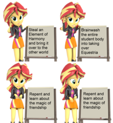 Size: 4000x4320 | Tagged: safe, artist:cjwong34, sunset shimmer, equestria girls, g4, 3d, clothes, comic, despicable me, exploitable meme, female, gru's plan, meme, simple background, skirt, source filmmaker, transparent background