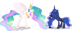Size: 7461x3233 | Tagged: safe, artist:90sigma, artist:dashiesparkle edit, edit, edited edit, editor:slayerbvc, vector edit, princess celestia, princess luna, alicorn, pony, celestial advice, g4, luna eclipsed, absurd resolution, accessory-less edit, bare hooves, clothed female nude female, crown, duo, female, hoof shoes, jewelry, mare, overreacting, peytral, raised hoof, regalia, royal sisters, shocked, simple background, sisters, transparent background, undressing, vector, we don't normally wear clothes, worried