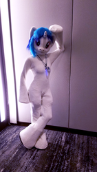 Size: 1049x1865 | Tagged: safe, artist:ask-wub-pon3, artist:atalonthedeer, artist:polar storm, dj pon-3, vinyl scratch, human, g4, babscon, babscon 2018, clothes, costume, fursuit, irl, irl human, photo, solo