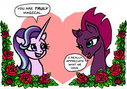 Size: 750x528 | Tagged: safe, artist:gingerfoxy, starlight glimmer, tempest shadow, pony, unicorn, pony couple generator, g4, my little pony: the movie, duo, female, flower, heart, mare, rose, shipping, tempestglimmer