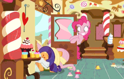 Size: 761x486 | Tagged: safe, edit, edited screencap, screencap, applejack, fluttershy, pinkie pie, rarity, earth pony, pony, g4, school daze, animated, butt, buttstuck, cupcake, discovery family, discovery family logo, eyes on the prize, female, food, looking at butt, mare, out of context, plot, stuck, sugarcube corner