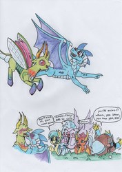 Size: 1151x1626 | Tagged: safe, artist:kuroneko, derpibooru exclusive, gallus, ocellus, princess ember, sandbar, silverstream, smolder, thorax, yona, changedling, changeling, classical hippogriff, dragon, earth pony, griffon, hippogriff, pony, yak, g4, awkward, blushing, blushing profusely, bush, changeling king, colored pencil drawing, dragoness, eww, female, flying, interspecies, king thorax, kissing, looking at each other, male, ship:embrax, ship:galyona, shipping, simple background, speech bubble, stallion, straight, student six, traditional art, white background