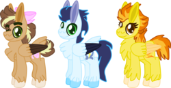 Size: 2174x1122 | Tagged: safe, artist:casanova-mew, soarin', spitfire, oc, oc:dusty winds, pegasus, pony, g4, female, male, mare, offspring, parent:soarin', parent:spitfire, parents:soarinfire, ship:soarinfire, shipping, simple background, straight, transparent background, trio, two toned wings