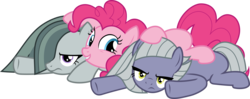 Size: 5164x2040 | Tagged: safe, artist:frownfactory, limestone pie, marble pie, pinkie pie, earth pony, pony, g4, the maud couple, .svg available, annoyed, female, happy, lying on top of someone, mare, pie sisters, pile, siblings, simple background, sisters, svg, transparent background, trio, vector