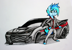 Size: 4536x3200 | Tagged: safe, artist:bumskuchen, oc, oc:shadow, semi-anthro, car, chevrolet, chevrolet camaro, clothes, hennessey exorcist, jacket, supercar, traditional art