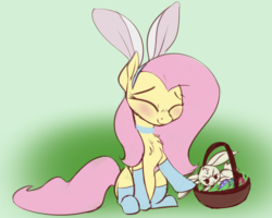 Size: 2000x1600 | Tagged: safe, artist:veesocks, angel bunny, fluttershy, g4, 30 minute art challenge, basket, blushing, bunny ears, chest fluff, clothes, collar, cute, easter, easter bunny, easter egg, fluffy, green background, hnnng, holiday, shyabetes, simple background, socks
