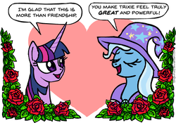 Size: 600x419 | Tagged: safe, artist:gingerfoxy, trixie, twilight sparkle, pony, pony couple generator, g4, duo, female, flower, heart, heart background, lesbian, rose, ship:twixie, shipping