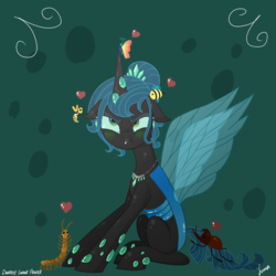 Size: 3445x3445 | Tagged: safe, artist:darkest-lunar-flower, oc, oc:queen polistae, bee, beetle, butterfly, centipede, changeling, changeling queen, insect, wasp, blue changeling, blushing, changeling queen oc, commission, female, heart, high res, lipstick, unamused
