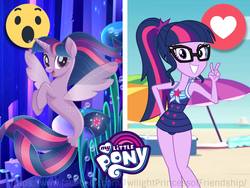 Size: 2048x1536 | Tagged: safe, sci-twi, twilight sparkle, alicorn, seapony (g4), equestria girls, equestria girls series, forgotten friendship, g4, my little pony: the movie, bubble, clothes, coral, crepuscular rays, cute, dorsal fin, eyelashes, eyeshadow, facebook reactions, female, fin, fin wings, fins, fish tail, flowing mane, flowing tail, happy, horn, looking at you, makeup, mare, my little pony logo, ocean, open mouth, scales, seaponified, seapony twilight, seaquestria, seaweed, smiling, smiling at you, solo, species swap, spread wings, swimming, swimsuit, tail, twilight sparkle (alicorn), twolight, underwater, water, wings