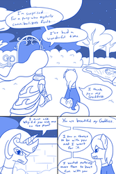 Size: 611x917 | Tagged: safe, artist:samroseiswatchingyou, princess celestia, oc, oc:the colt, alicorn, earth pony, pony, ask the colt, fanfic:silent ponyville, g4, canterlot gardens, clothes, comic, dialogue, dress, female, male, mare, monochrome, moon, sitting, speech bubble, stallion, tumblr, tuxedo