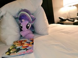 Size: 1024x767 | Tagged: safe, artist:nekokevin, starlight glimmer, pony, unicorn, series:nekokevin's glimmy, g4, babscon, bed, bedroom, crossed hooves, cute, female, glimmerbetes, irl, lamp, looking down, lying down, mare, photo, pillow, plushie, prone, solo
