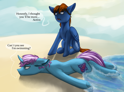 Size: 3500x2600 | Tagged: safe, artist:rasswet9, oc, oc only, oc:gyro tech, oc:seaward skies, pegasus, pony, unicorn, beach, chest fluff, dialogue, duo, duo male, ear fluff, floppy ears, goggles, high res, lying, male, ocean, sitting, underhoof