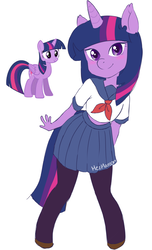 Size: 1118x1839 | Tagged: safe, artist:mezmaroon, twilight sparkle, alicorn, anthro, unguligrade anthro, g4, clothes, cute, female, mare, midriff, moe, pantyhose, pleated skirt, school uniform, skirt, twilight sparkle (alicorn)