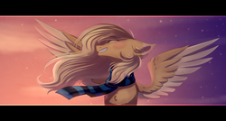 Size: 4006x2150 | Tagged: safe, artist:shiro-roo, oc, oc only, oc:mirta whoowlms, pegasus, pony, chest fluff, clothes, eyes closed, female, grin, happy, mare, scarf, smiling, solo, spread wings, wings