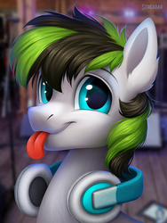 Size: 900x1200 | Tagged: safe, artist:scheadar, oc, oc only, earth pony, pony, :p, bust, cute, headphones, male, portrait, smiling, solo, stallion, tongue out