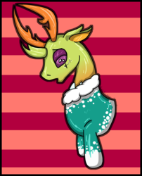 Size: 1024x1265 | Tagged: safe, artist:aurasinchaser, thorax, changedling, changeling, g4, bust, clothes, king thorax, male, portrait, solo, striped background, sweater